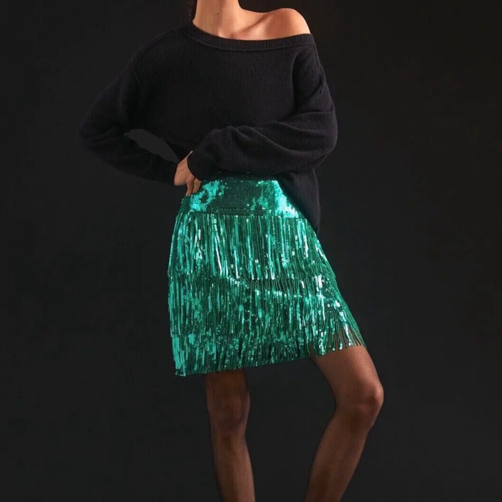 Maeve Fringed Sequined Mini Skirt - Anthropologie, Size 2